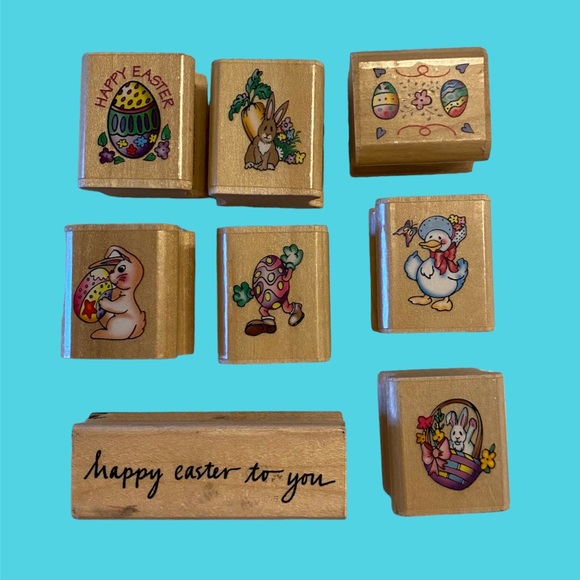 Lot of 8 Small Easter Themed Wood Mounted Stamps - Picture 1 of 6
